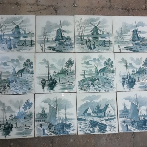 90 antieke tegels met landschap, wit groen, 6 verschillende afbeeldingen
